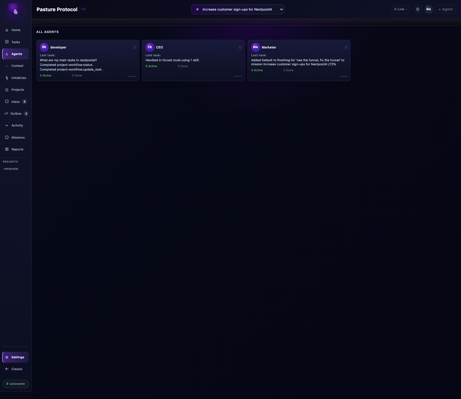 Pasture Protocol Agents screen showing developer, CEO, and marketer agent cards
