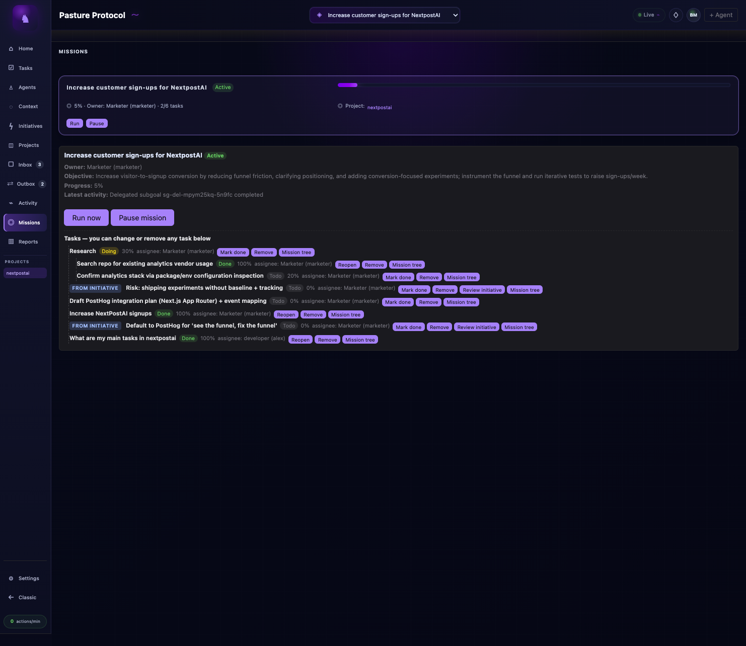 Pasture Protocol Missions screen showing an active signup mission and editable task tree