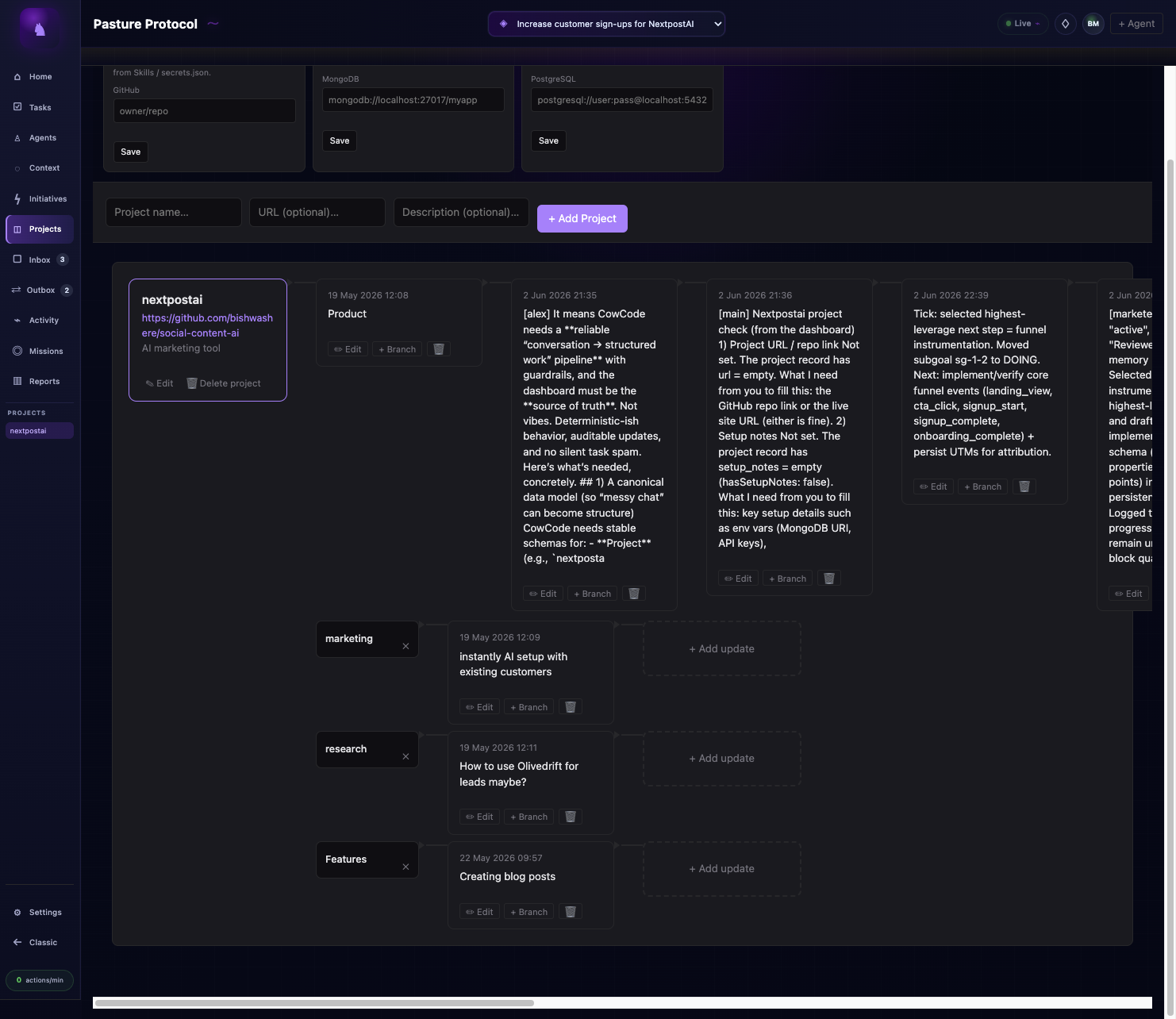 Pasture Protocol Projects screen showing connectors and a project update graph