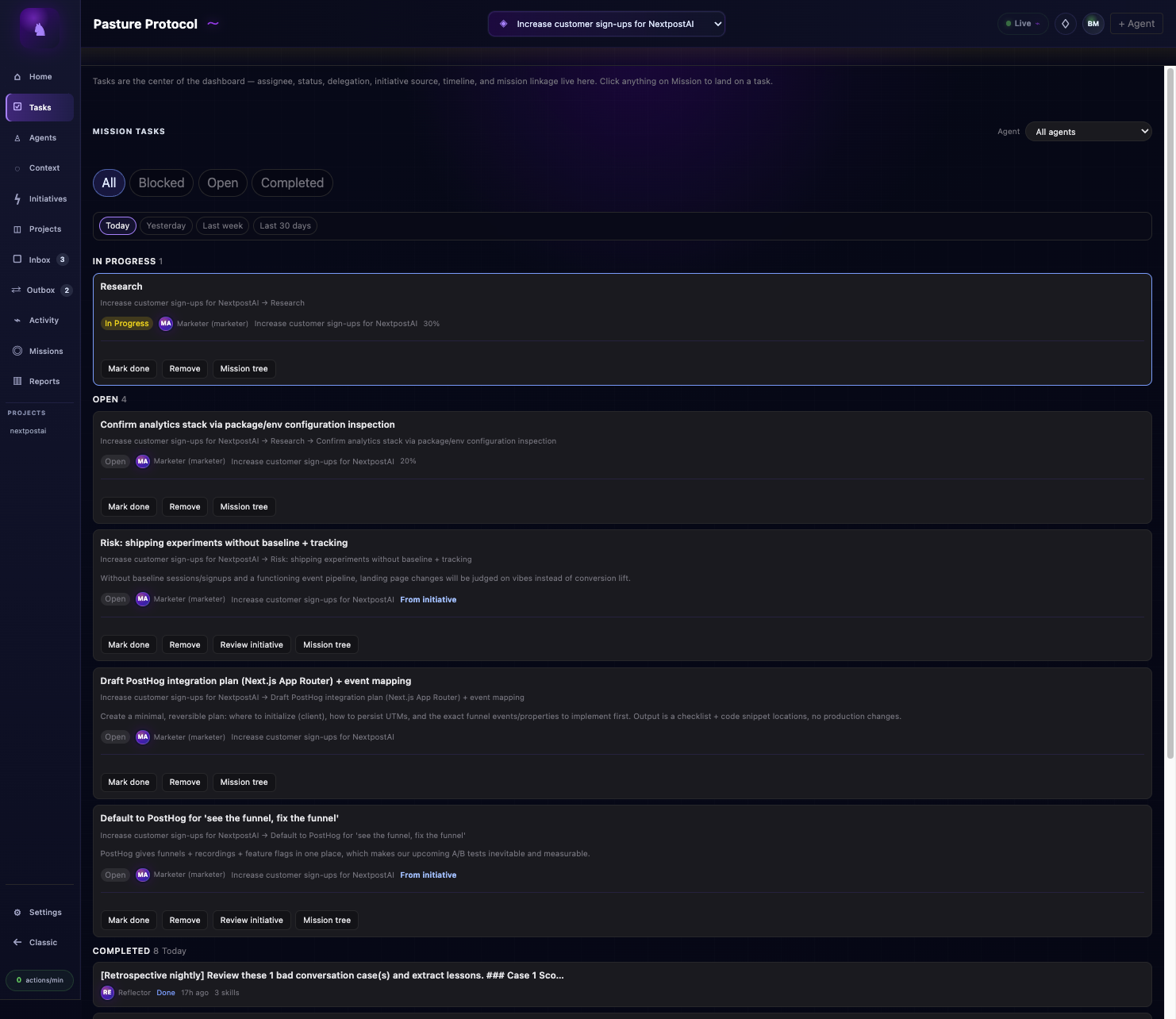 Pasture Protocol Tasks screen showing mission tasks grouped by status with task actions